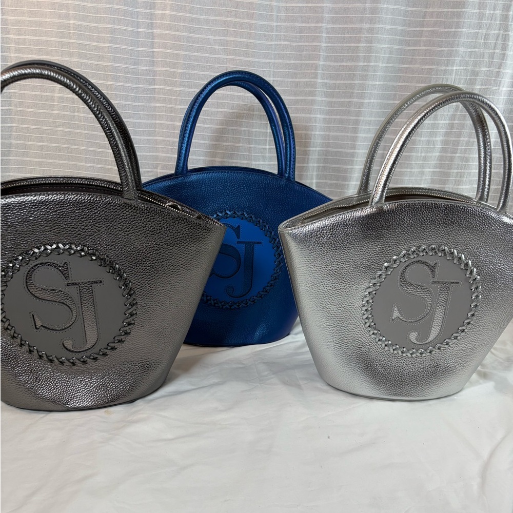 Sassy Jones Women's Metallic Tote Bag Set - Silver, Gray, and Blue.